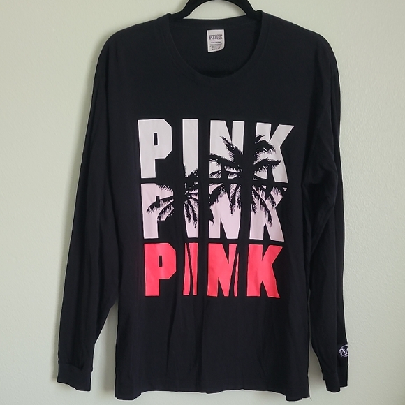 PINK Victoria's Secret Black Long Sleeve with Pink Palm Graphic - Picture 1 of 5